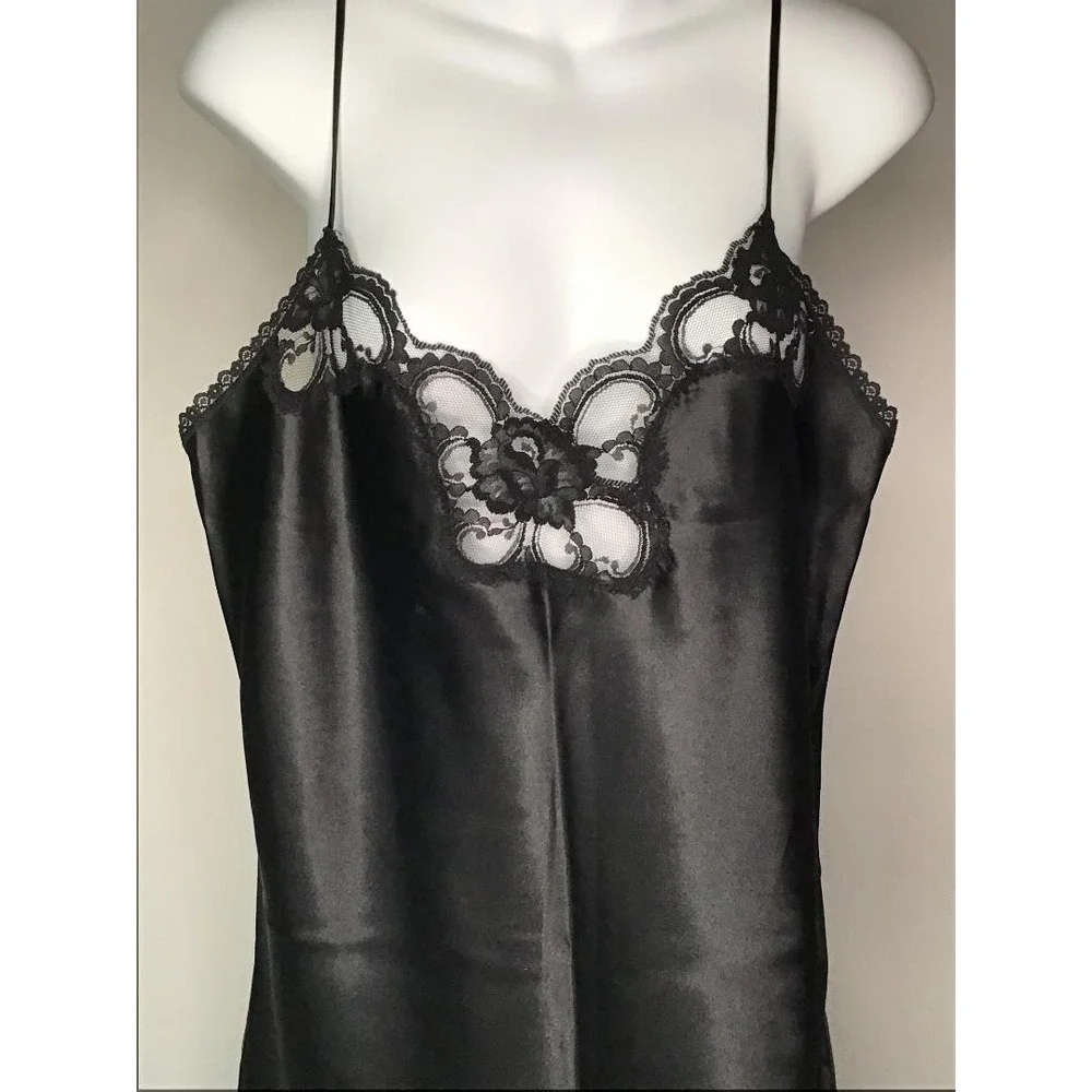 VTG 80's Black Satin Lace Trim Sz L Nightgown Lingerie + Ashley Taylor Half Slip